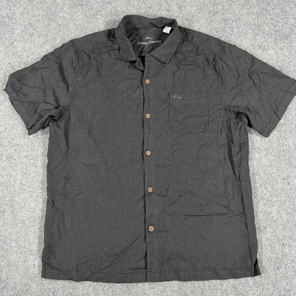 Tommy Bahama Silk Shirt Mens Large Black Short Sleeve Islandzone Loop Collar